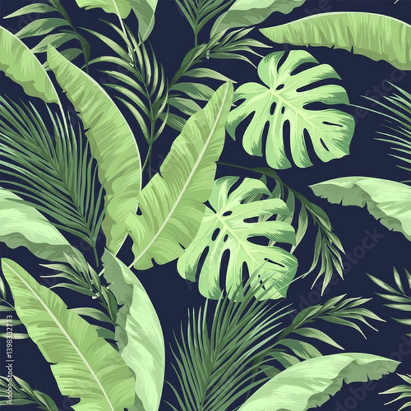 Fototapeta Green tropical palm leaves seamless vector pattern on the black background. Trendy summer print.	
