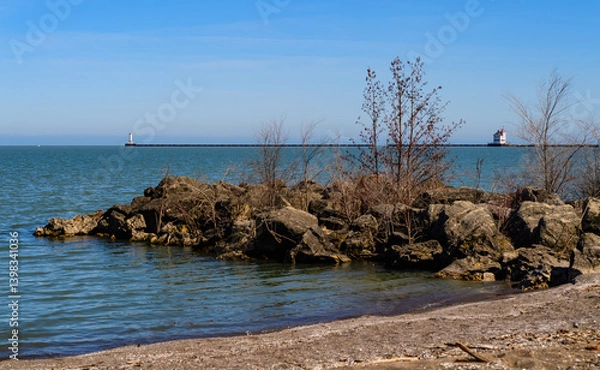 Fototapeta Shore with stones and small vegetation on the sandy beach of Lake Erie, Ohio