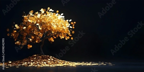 Fototapeta A golden tree with leaves made of gold coins on a black background