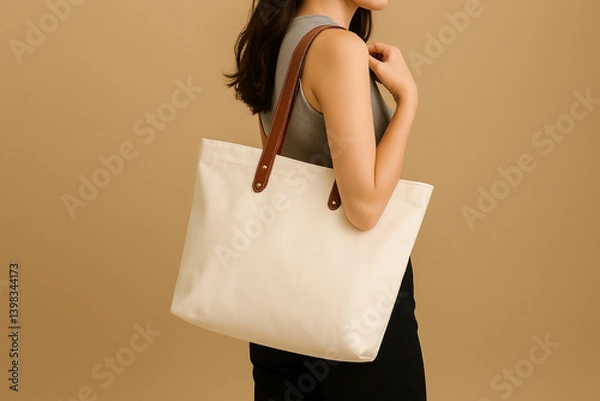 Obraz A woman wearing a gray sleeveless top holds a large cream canvas tote bag with brown leather straps