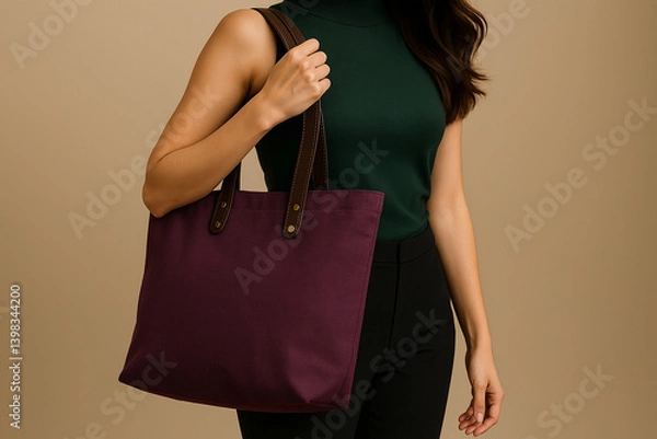Obraz A woman in a sleeveless dark green top holds a deep purple canvas tote bag with brown leather straps