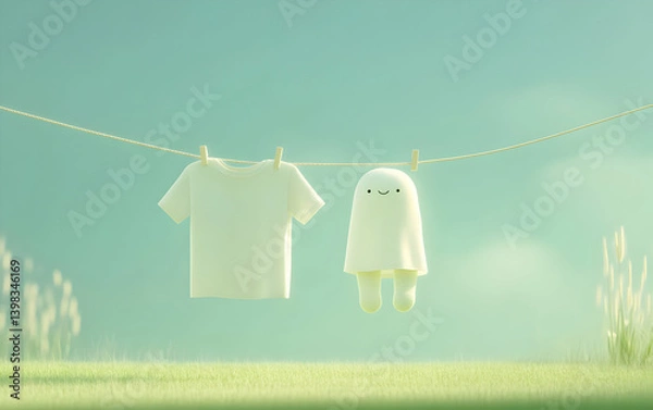 Fototapeta A whimsical scene featuring a playful ghost hanging next to a white shirt on a clothesline against a serene backdrop.