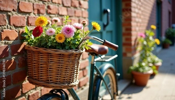 Obraz Vintage bicycle with flower basket near brick wall in sunlight