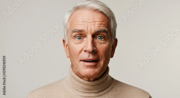 Fototapeta Portrait of an older gentleman with light hair and a surprised expression wearing a tan turtleneck sweater against a neutral background.