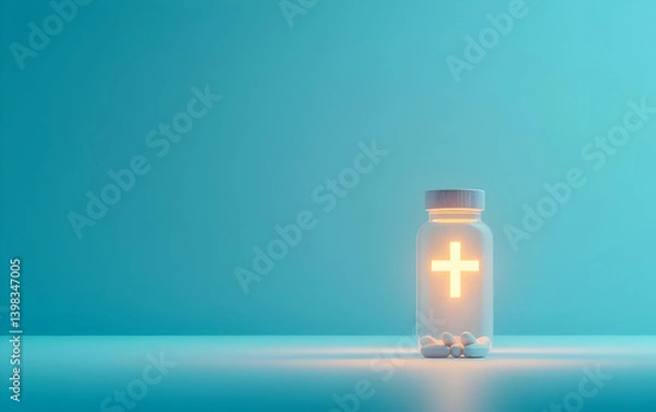 Obraz Illuminated medicine bottle with a cross symbol, showcasing healthcare and wellness concepts in a modern design.