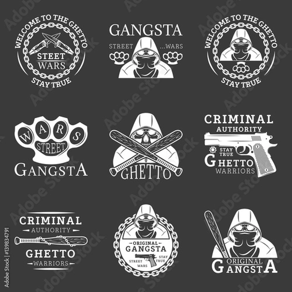 Obraz Gangster, ghetto, street wars emblems in monochrome style  for your custom emblem, label, logo design isolated on white background