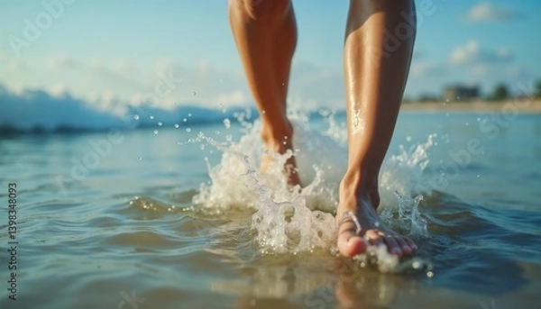 Obraz Man walking through shallow ocean water on sunny beach