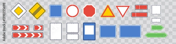Fototapeta Blank traffic signs. International road signs set isolated. Priority, warning, prohibition, mandatory, information, service and supplementary signs. Vector illustration. Empty. All main sign shapes.