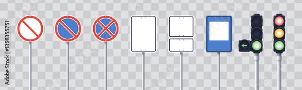 Fototapeta Blank traffic signs. Traffic light. Road signs set isolated. Priority, warning, prohibition, mandatory, information, service and supplementary signs. Vector illustration. Empty.