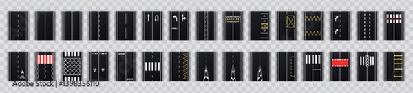 Fototapeta Road marking set isolated. Vector illustration. Top view, view from above. City street map collection. Roundabout, crossroads. Asphalt seamless highway elements constructor.