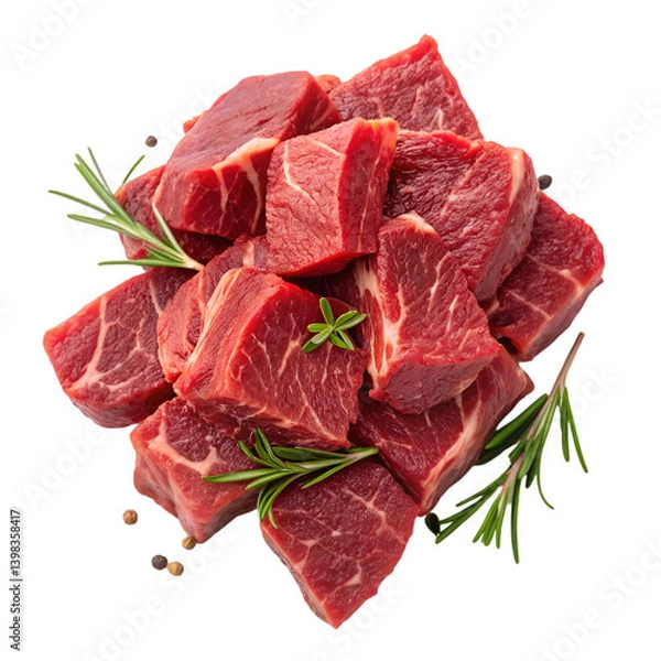 Fototapeta Pile of raw beef meat isolated on white background. Top view.