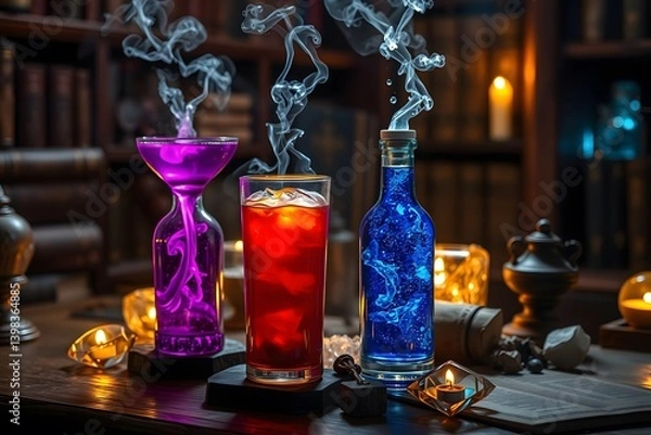 Fototapeta Mystical Collection of Steaming Potions and Crystals in a Witch's Study