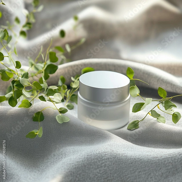 Fototapeta Clean skincare jar mockup with greenery and soft fabric background