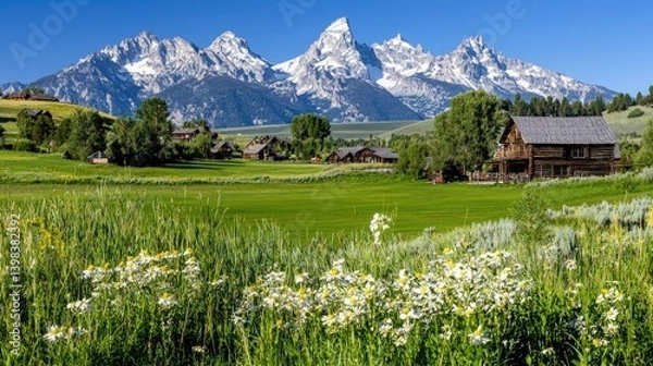 Obraz Majestic mountain range and beautiful valley scenery with houses