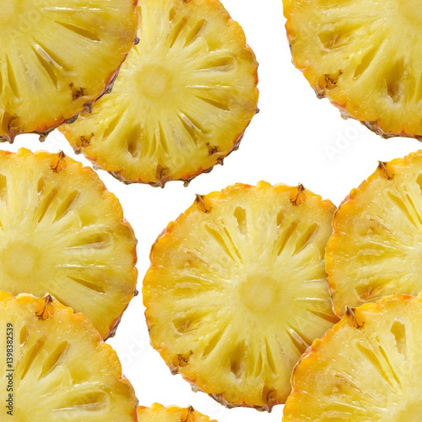 Obraz Many big pineapple slices seamless pattern isolated on transparent background. Bright tropical fruit print. Detailed texture photo close up. Food image for juice, skincare, peeling packaging design
