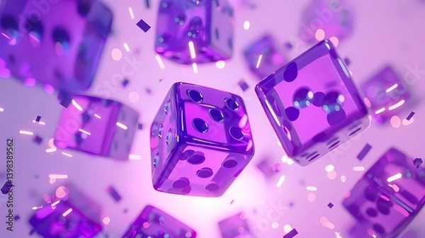 Fototapeta A stack of  falling dices with violet sparks on a white background,  Generative AI illustrations. 