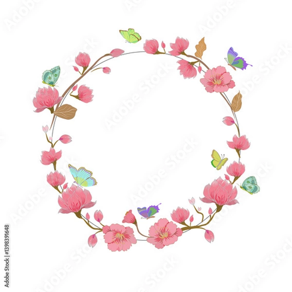 Fototapeta Regal florals and butterflies wreath vector border like fragrant for decorate and design home, card, fabric 