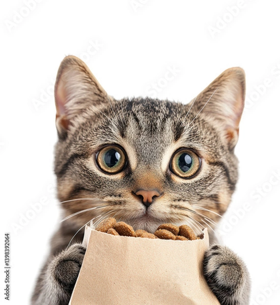 Fototapeta Curious cat with food bag animal soft light playful mood. Isolated on transparent background, png.