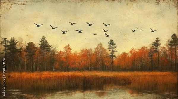 Obraz Autumnal birds in flight over a tranquil lake
