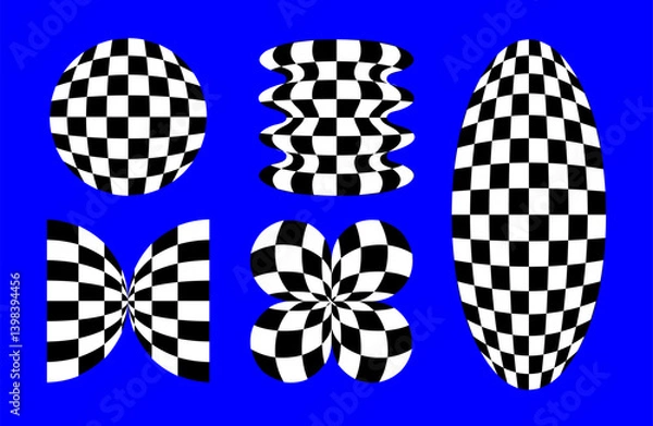 Fototapeta Optical illusion op art wavy simple shapes with black and white checkered texture. Psychedelic effect and distorted surface.
