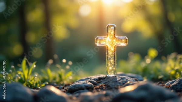 Fototapeta A golden cross shining brightly against a backdrop of greenery, sunbeams, and rocks in what appears to be a spiritual or religious setting.