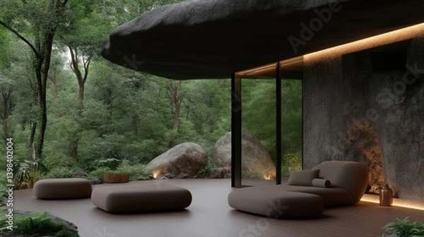 Fototapeta Modern outdoor lounge area nestled within a lush forest.  Large windows frame the surrounding greenery, creating an immersive connection with nature.