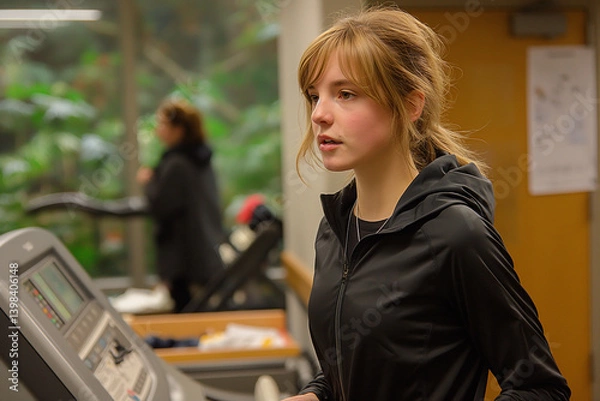 Obraz A girl is running on a treadmill