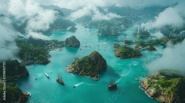 Fototapeta A Breathtaking Aerial View of Islands and Cityscape