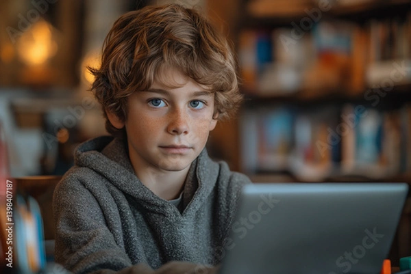 Obraz A boy is sitting at a table with a laptop
