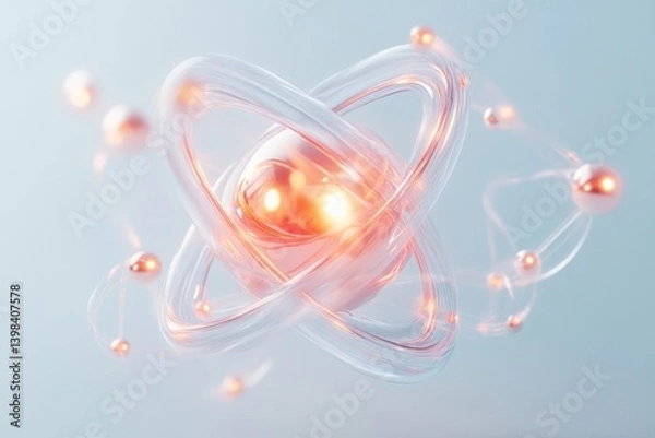 Fototapeta Glossy abstract atom model with glowing orange particles and transparent orbitals floating in soft light