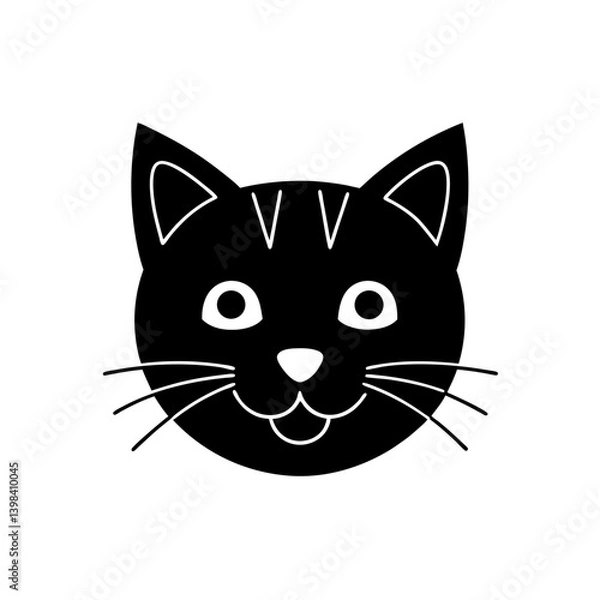 Fototapeta Black Silhouette Cute Kawaii Cat Head with Whiskers and Playful Expression vector illustration
