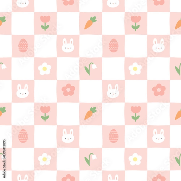Fototapeta Seamless checkered easter pattern with bunny, egg, carrot,flower vector print. 