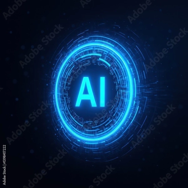 Fototapeta AI-powered digital circle glowing in blue, representing artificial energy intelligence on black space.