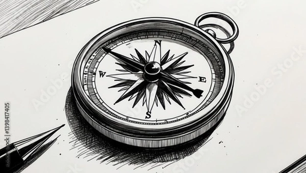 Fototapeta Ink drawing of compass and pen on white paper. Shiny metal compass shows north, east, south and west. Pen is black and silver.