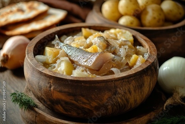 Fototapeta A wooden bowl filled with a stew of fish, potatoes, and onions. Additional potatoes and onions are visible nearby, along with flatbread. The scene is rustic and warmly lit