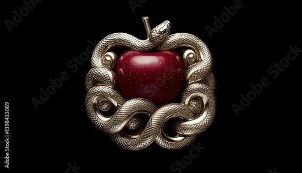 Obraz Red Apple Encircled by a Gold Snake on Black Background