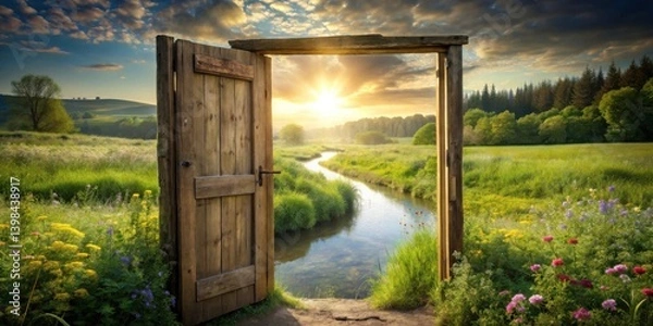 Fototapeta Rustic wooden gate opens to reveal a tranquil river flowing through a vibrant meadow bathed in golden sunlight, creating a picturesque pastoral scene