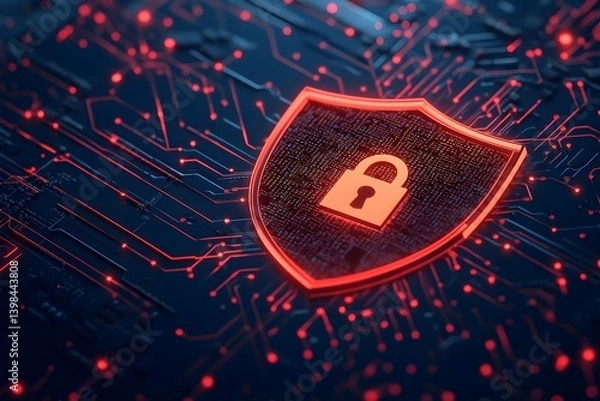 Fototapeta Red digital shield with a lock icon on a black circuit board background, symbolizing security and cyber protection in a technology or internet concept.
