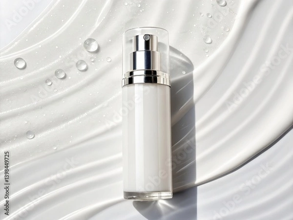 Fototapeta Silkrise Dew Renewal Emulsion — A Hydrating Lotion with Satin Finish, Highlighted in Glossy Minimalist Cosmetics Product Backgrounds and Mockups
