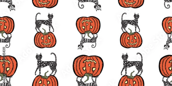 Fototapeta Seamless pattern of drawn decorative halloween pumpkins and cats, vector background, paper, textile, wallpaper, fabric