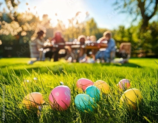 Obraz Colorful Easter eggs on a green meadow in the foreground, with a blurred family sitting at a garden table in the background on a sunny spring day.