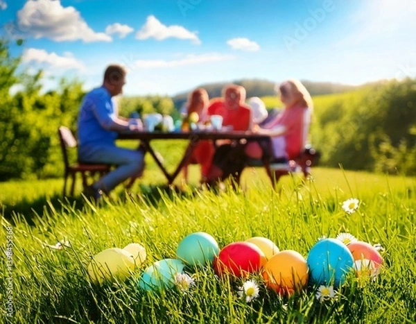 Obraz Colorful Easter eggs on a green meadow in the foreground, with a blurred family sitting at a garden table in the background on a sunny spring day.