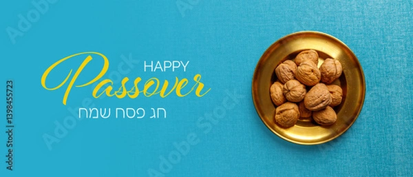 Obraz Pesach background. Passover jewish.  Blue background and blank placard. Space for text.