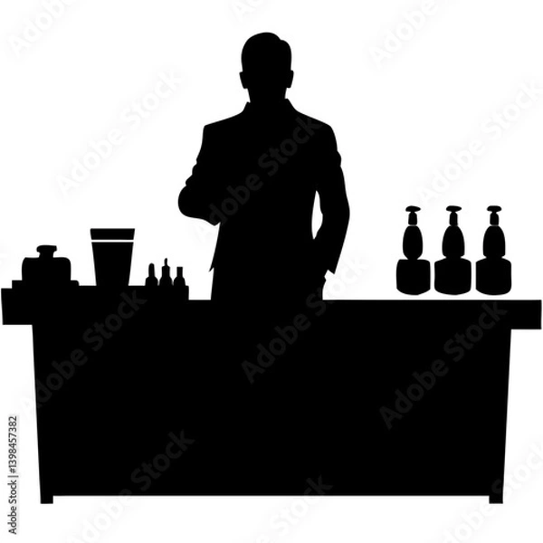 Obraz Silhouette of Man Behind Bar with Beverage Bottles for Cocktail Bar Design