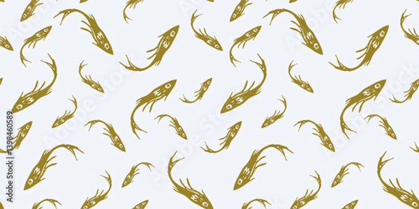 Fototapeta Seamless pattern of silhouettes drawn small golden fishes, vector background, paper, fabric, wallpaper, textile