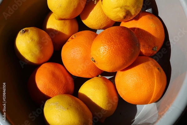 Fototapeta Oranges and lemons in a container.