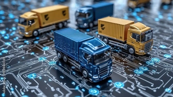 Fototapeta Smart Logistics: Miniature Trucks on Circuit Board