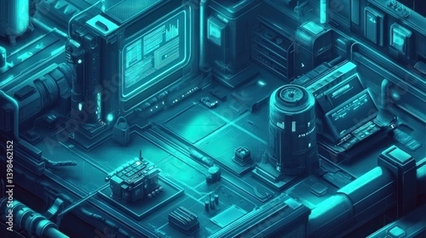 Fototapeta Futuristic high-tech control room with glowing screens and machinery in a sci-fi setting