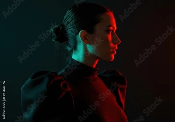 Fototapeta A stylish woman's profile is artfully lit with vibrant red and green hues on a dark background.