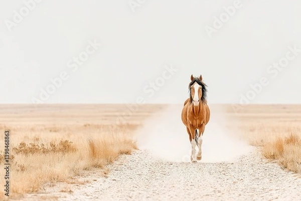 Fototapeta Majestic Chestnut Horse Trotting Along Dusty Trail in Open Landscape, Focused and Determined